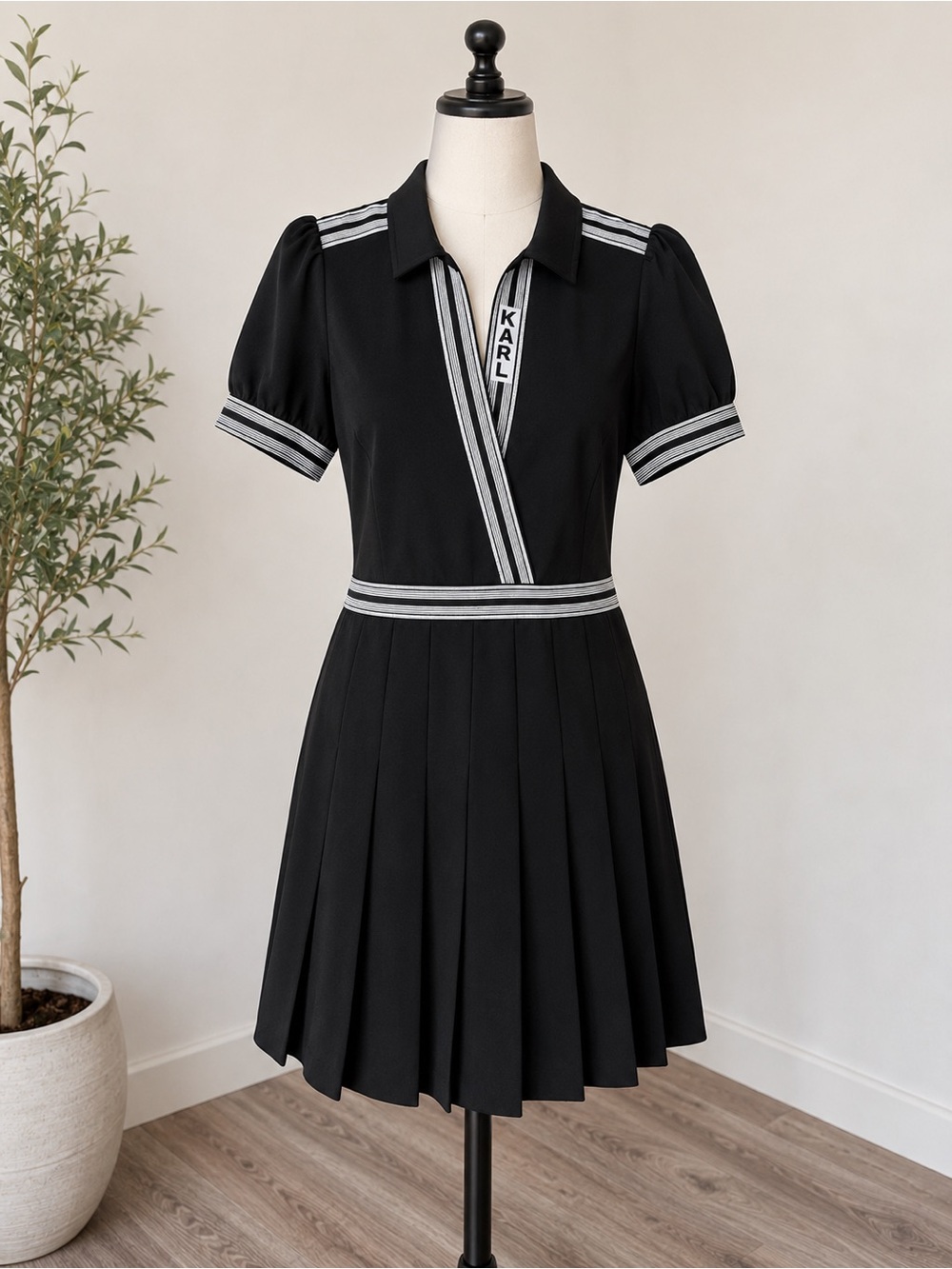 Karl lagerfield  Black Pleated Polo Dress with Contrast Trim